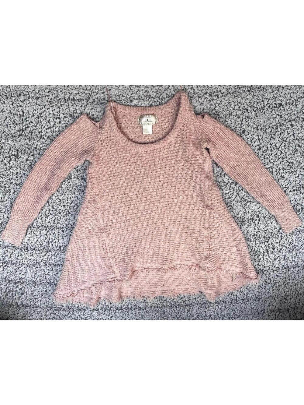 Ruby Moon Pink Knit Sweater Womens Small Cotton Fringe Hem Long Sleeve